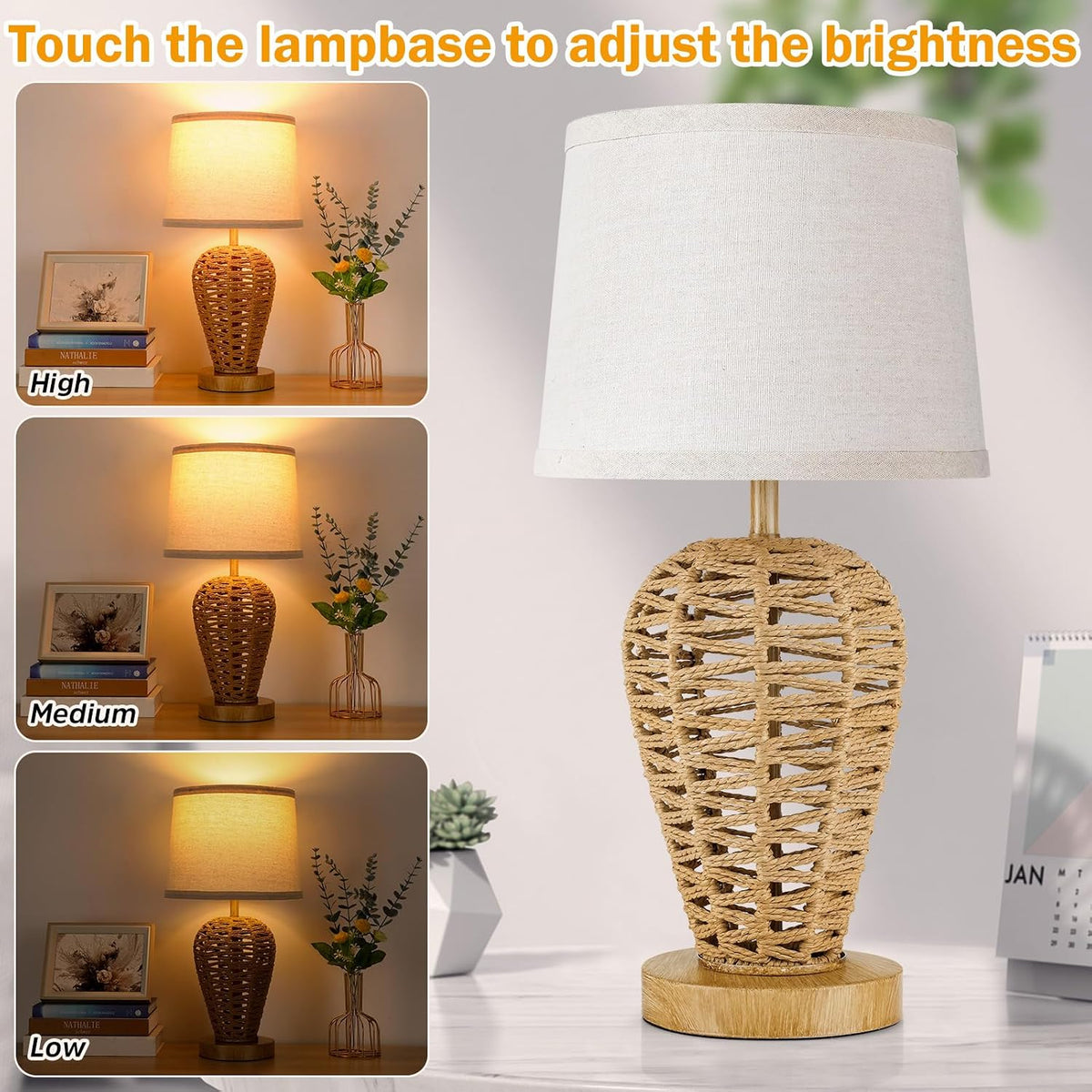 19" Boho Table Lamp with 100% Hand Woven Rattan Body & Wood Grain Fi...