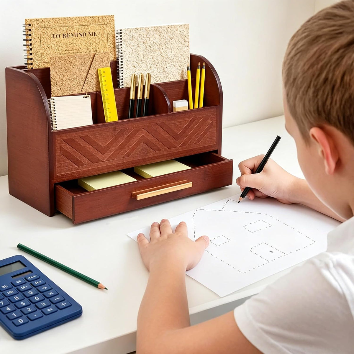 Brown Desktop Organizer with Drawer Storage, White Desk Organizer Mail Holder...