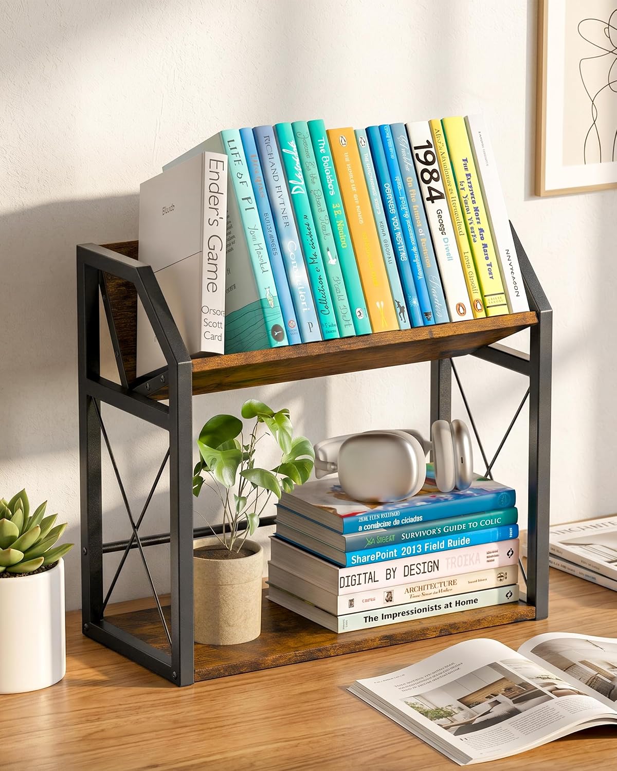 Desktop Bookshelf, Wooden Desk Shelf Organizer, Brown
