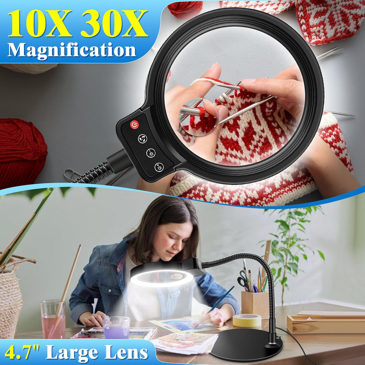 10X 30X Magnifying Glass with Light and Stand, LED Desk Lamp for Close Work