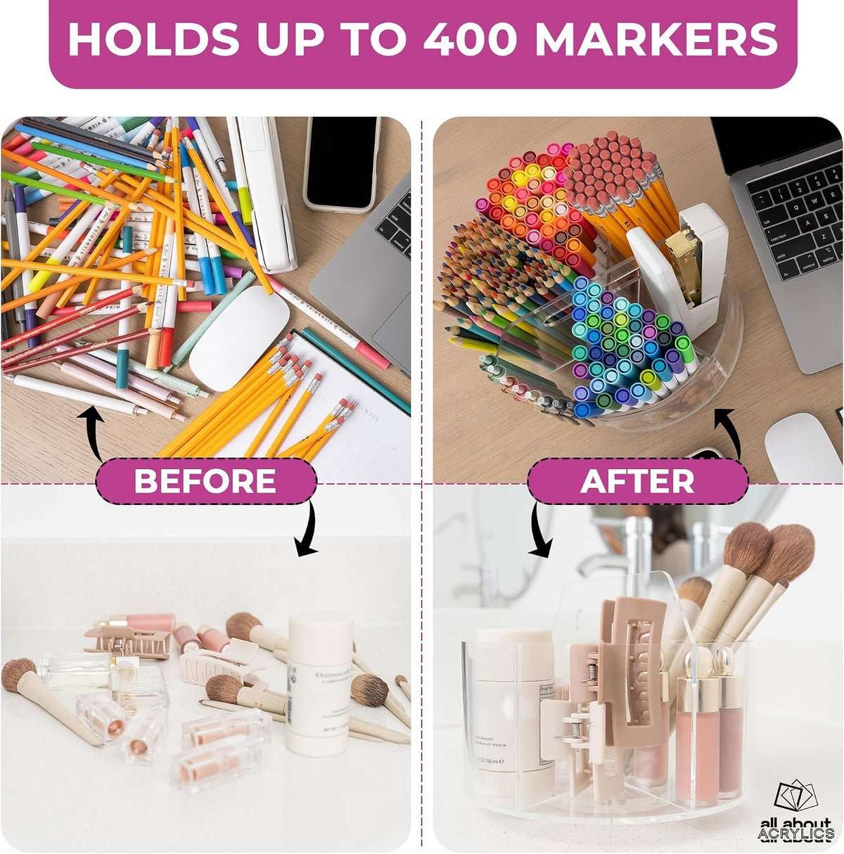 Acrylic Marker Organizer - Multipurpose 360 Rotating Holder for Pencil, Pen, ...
