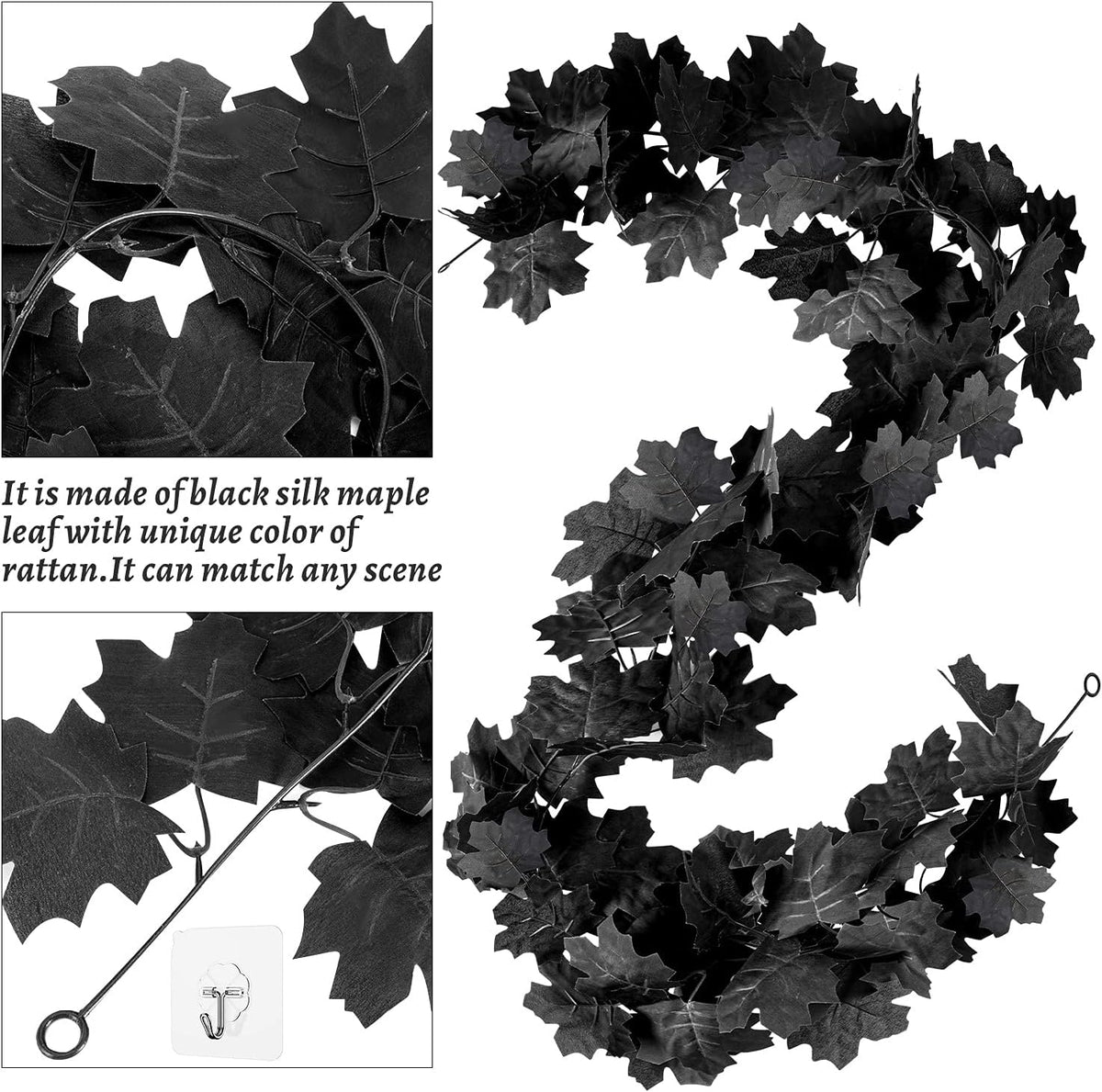 Black Leaf Garland, 12PCS Halloween Artificial Hanging Fall Maple Vines