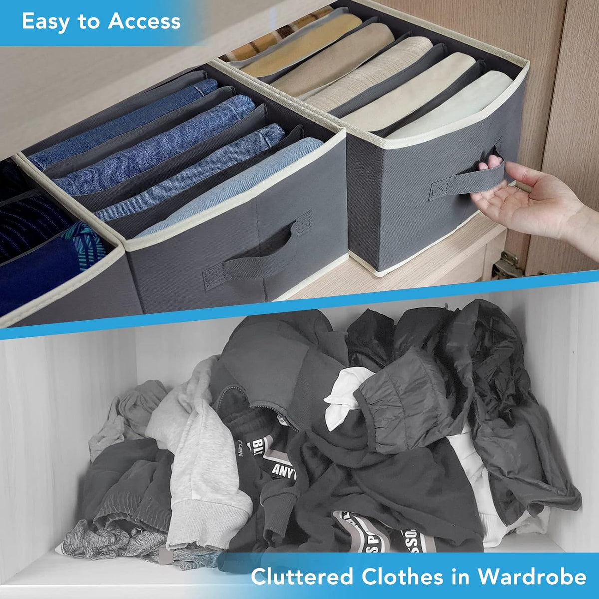 6 Pcs Large Wardrobe Organizer, 6 Grids, Dark Grey