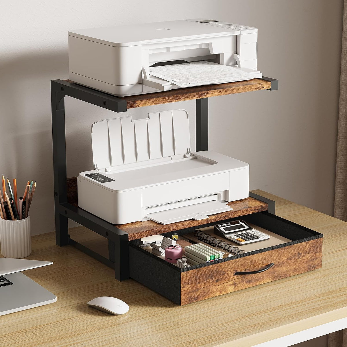 Printer Stand for Desk, Desktop Printer Stand with Fabric Drawer, 2-Tier Desk...