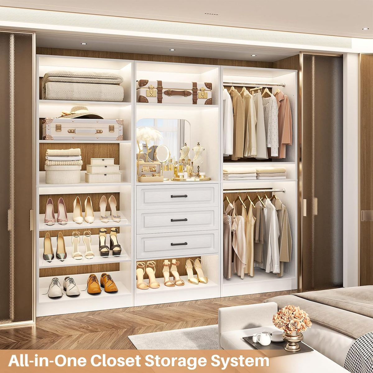 Unikito 75" Modular Closet System with 3 Sets, Mirror & Drawers, White