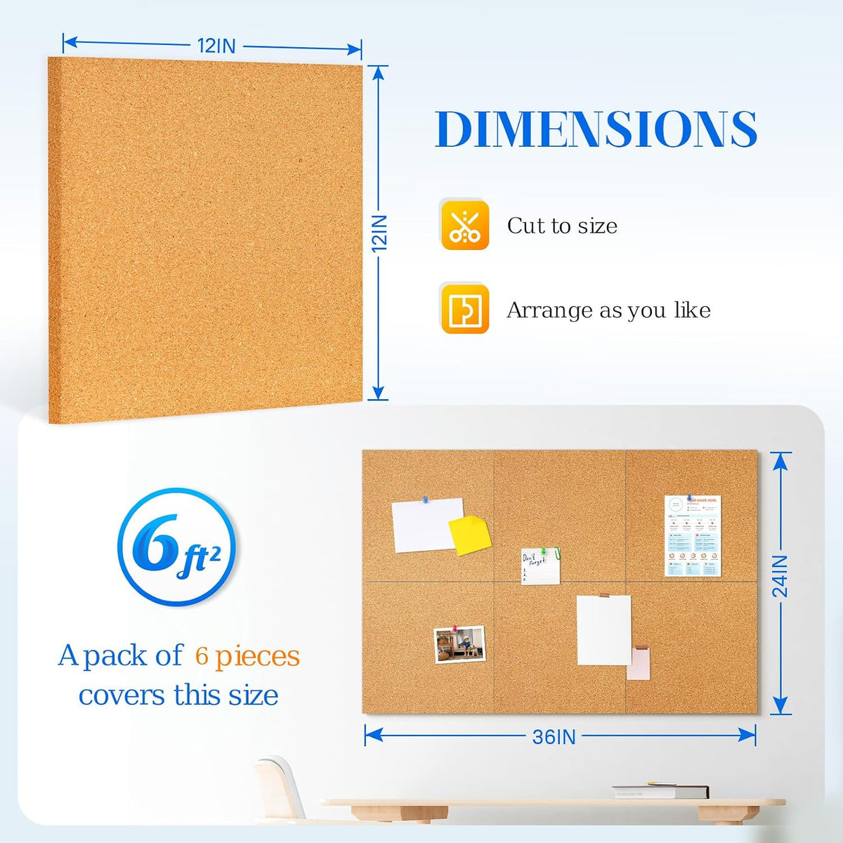 DOLLAR BOSS Cork Board Tiles, 6 Packs 12" x 12" 1/2" Thick Bul...
