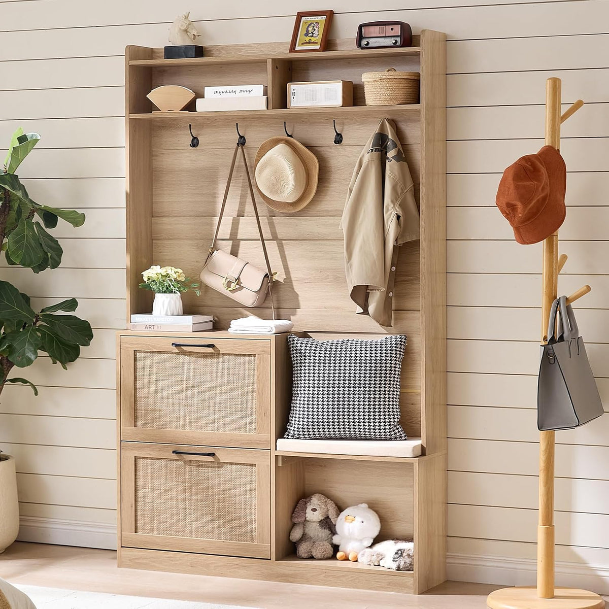 LEYAOYAO 78" Tall Boho Hall Tree with Bench & Shoe Storage, 4-in-1 M...