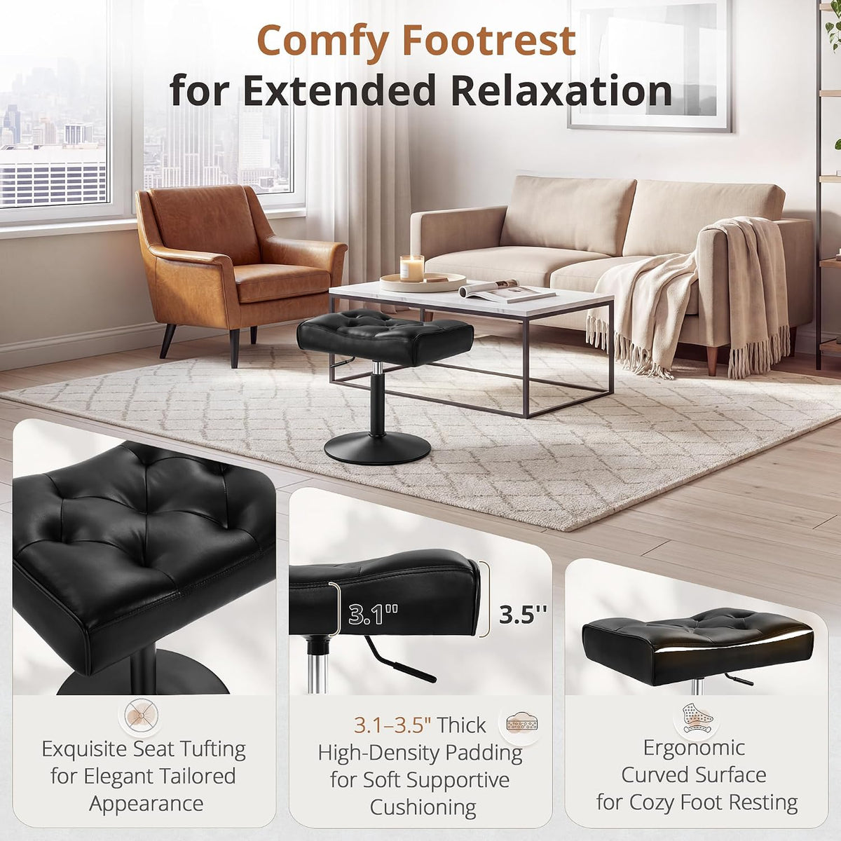 LUE BONA Adjustable Office Foot Rest Under Desk, Vanity Saddle Stool, Black