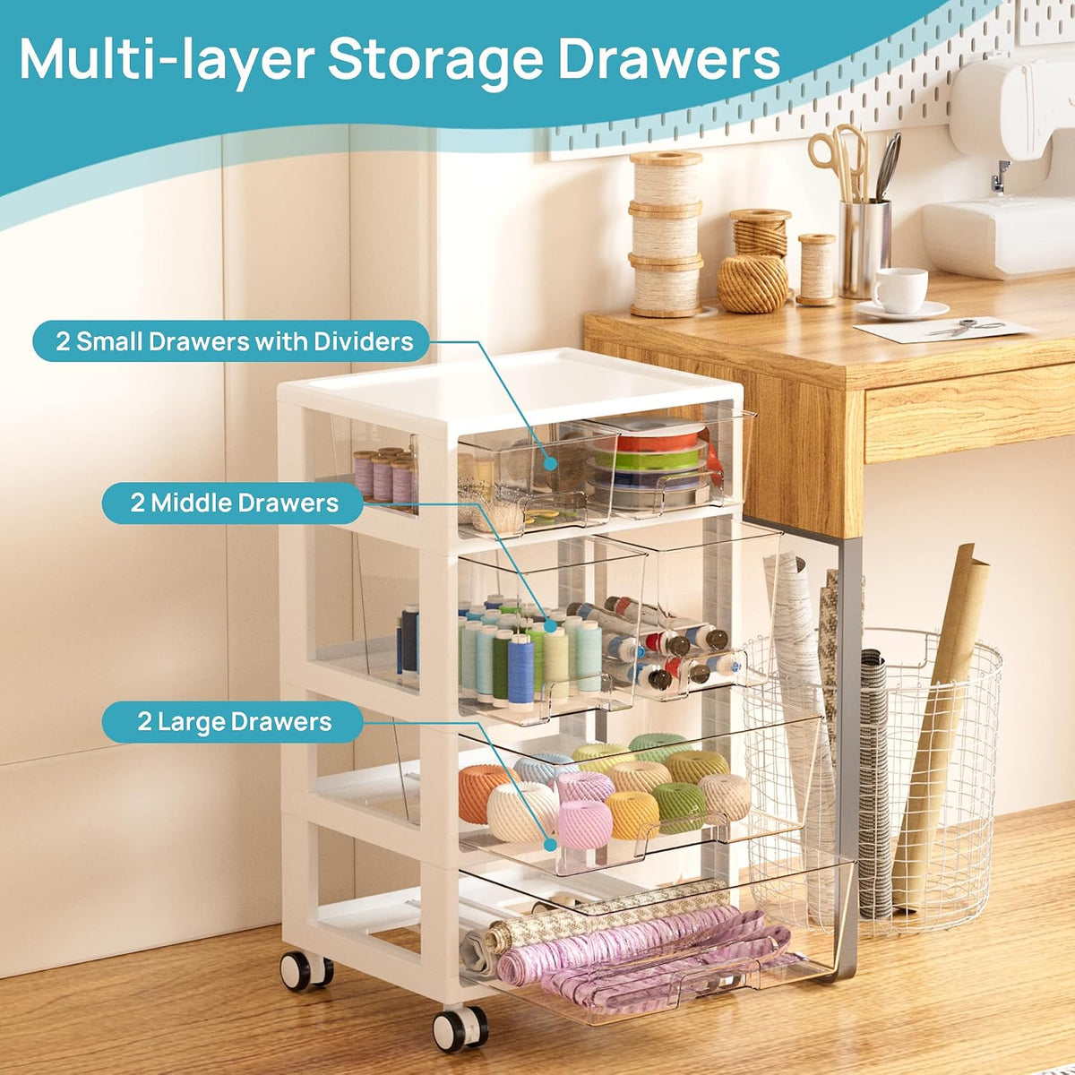 Vtopmart Drawer Storage Organizer,4 Tier 6 Drawers with Wheels
