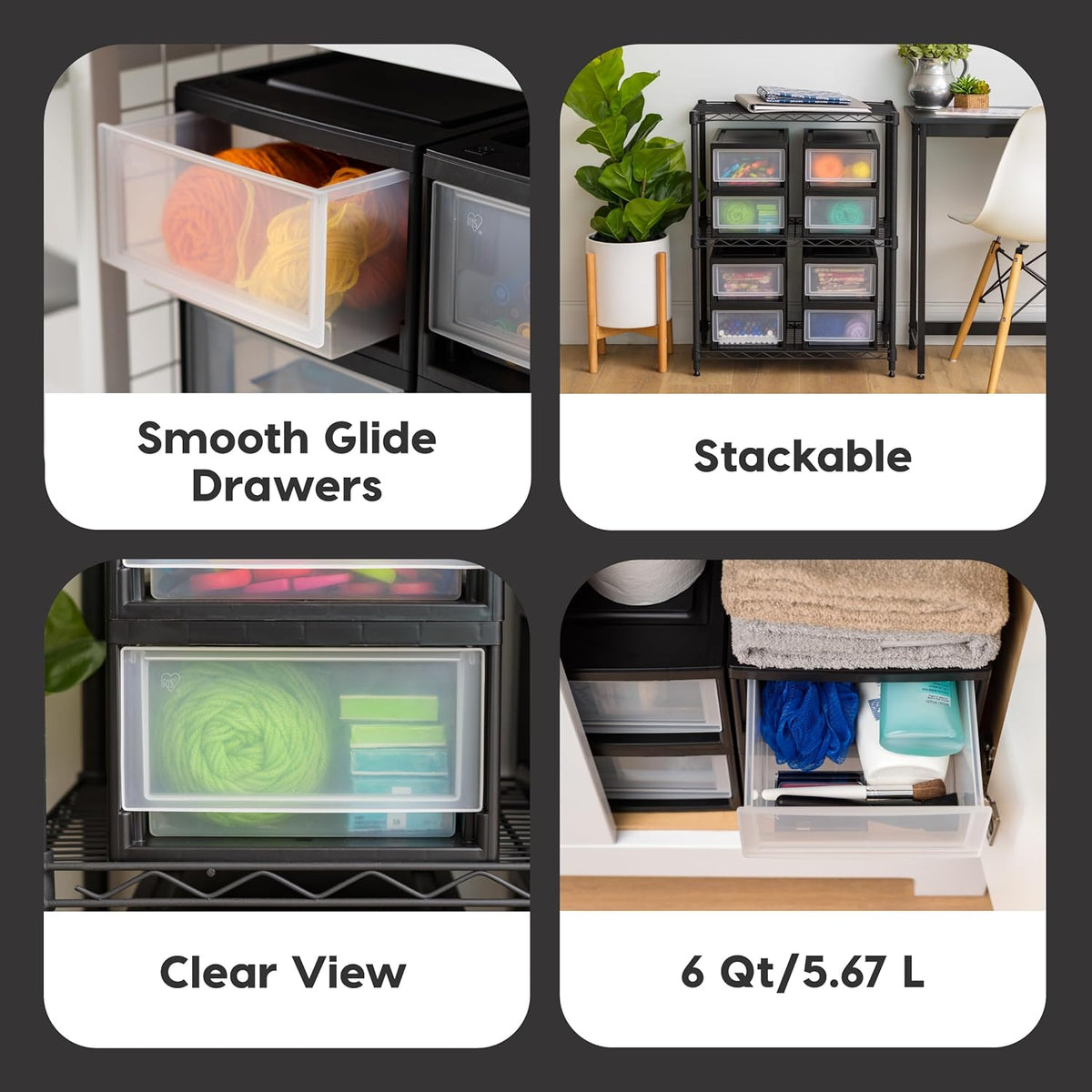 IRIS USA 4-Pack, 6 Qt. Small Stacking Drawer Storage Organizer, Black