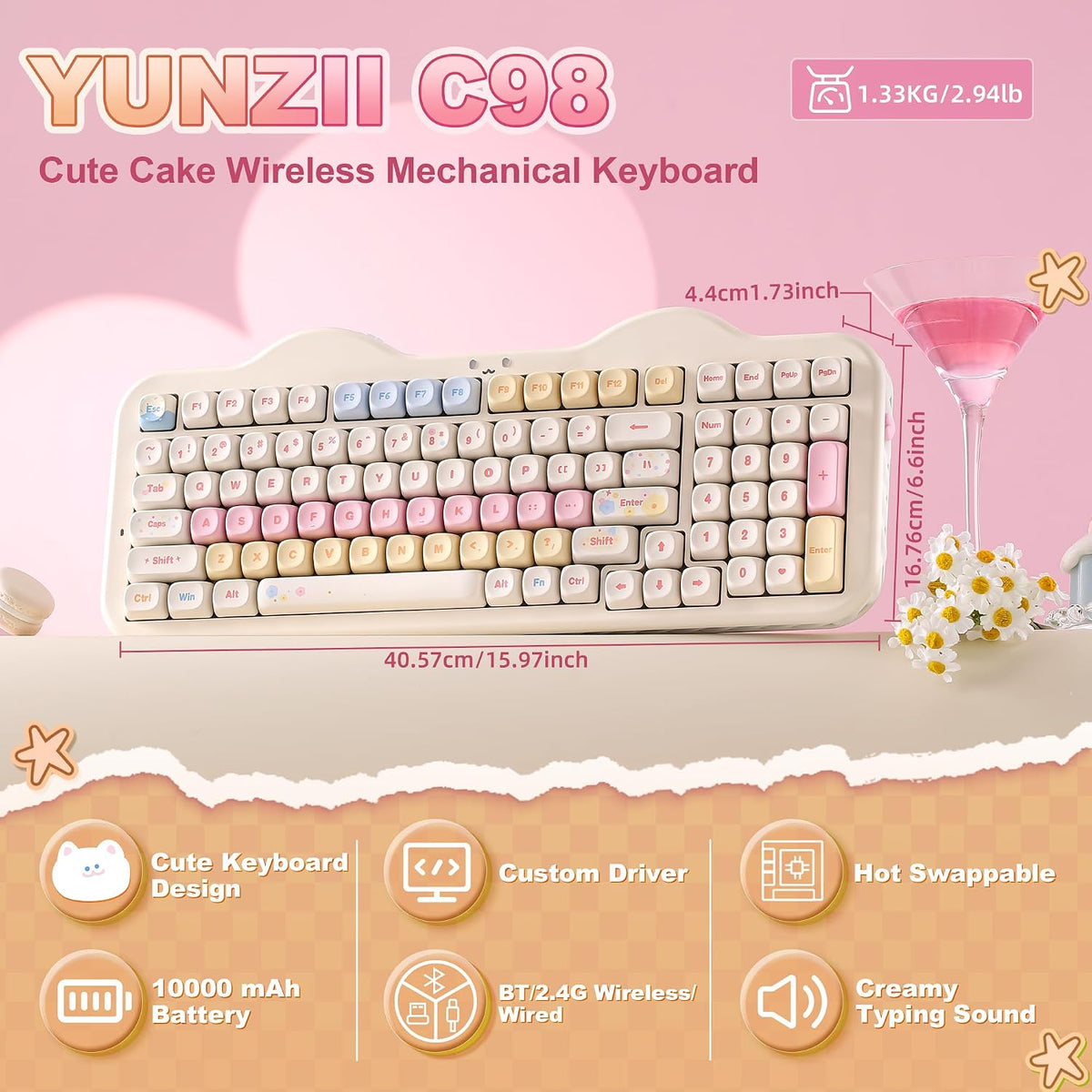 YUNZII C98 Cute Cake Wireless Mechanical Keyboard(Beige, Milk Switch)