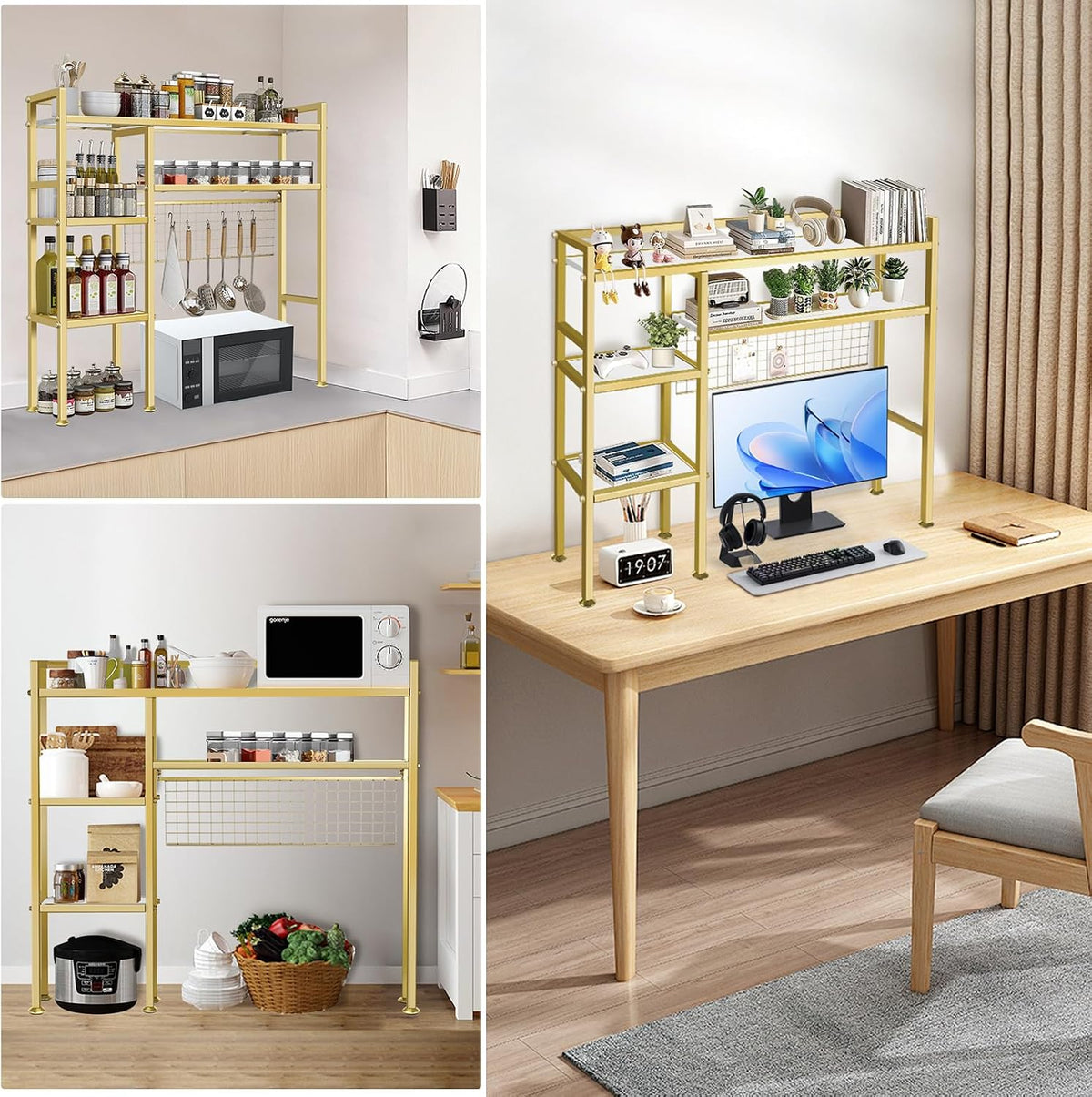 Desk Shelf with Grid Panel, 37.5" Desktop Hutch Organizer, 4-Tier Desk B...