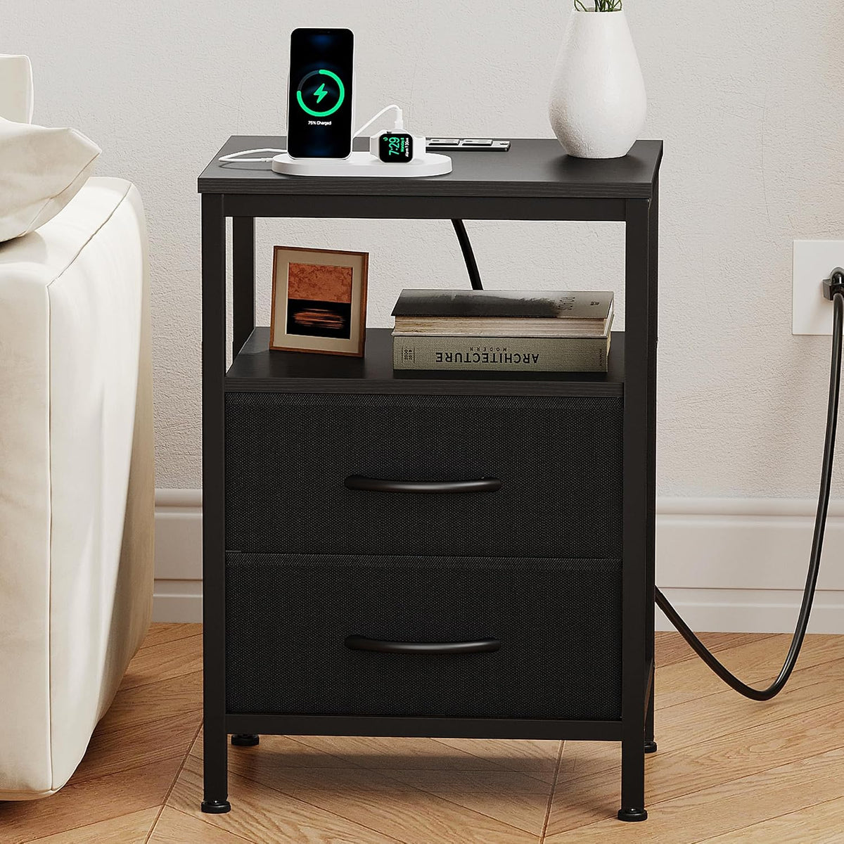 DUMOS Night Stand Set 2 with Charging Station, End Table with Fabric Drawer