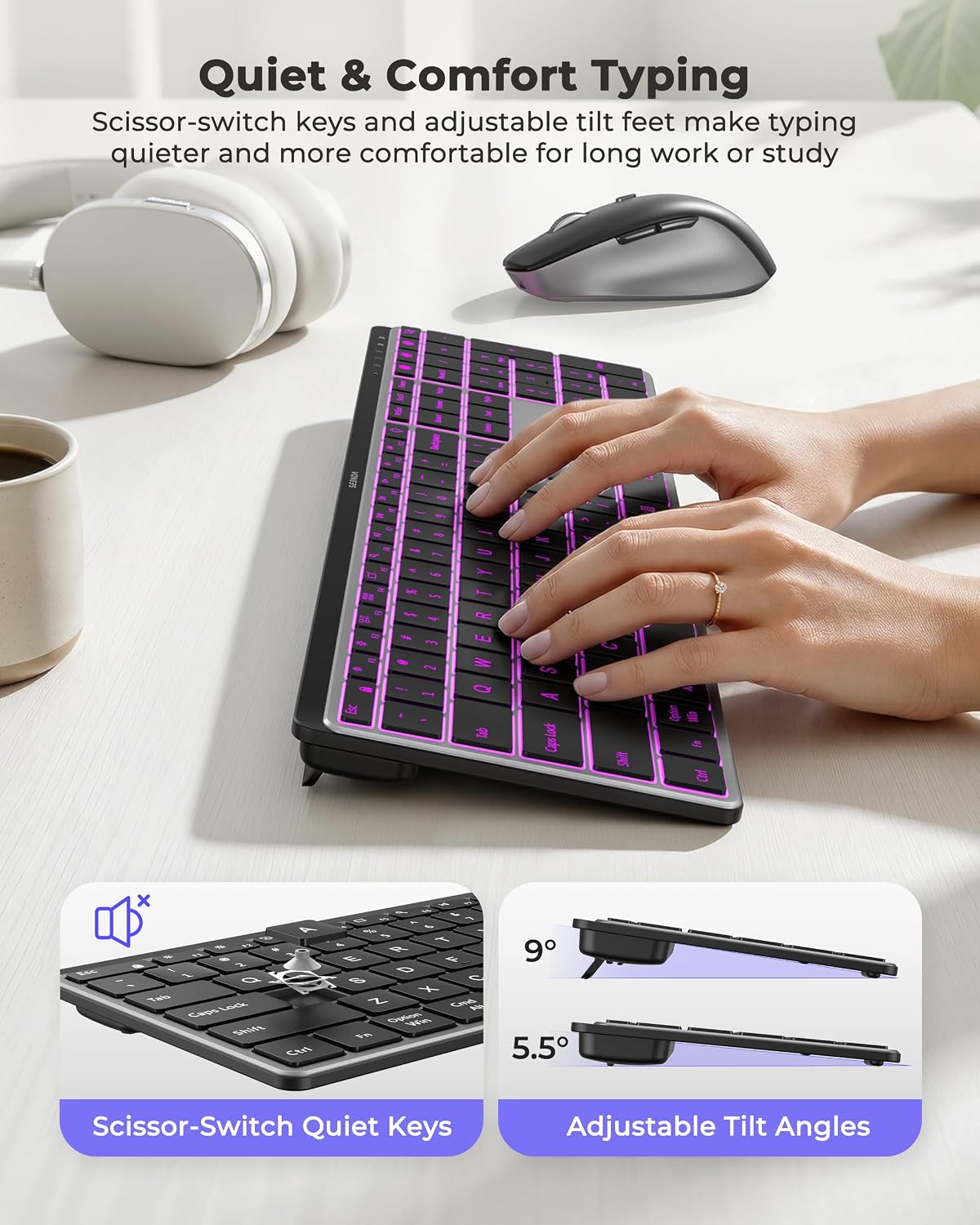 seenda COE64-3 Pro Wireless Bluetooth Keyboard Mouse Combo, 7-Color Backlit