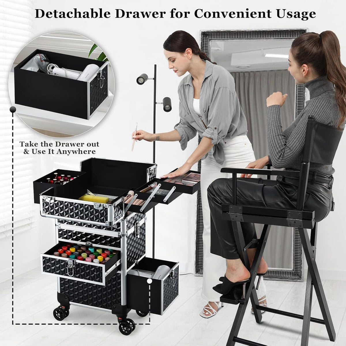 Joligrace Rolling Makeup Case with Drawers - Tattoo Storage Organizer Travel ...
