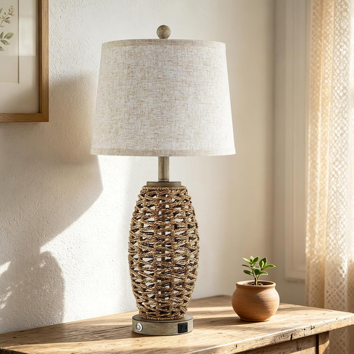 Rattan Table Lamp for Living Room, Dimmable Touch Lamp for Bedside Table in B...