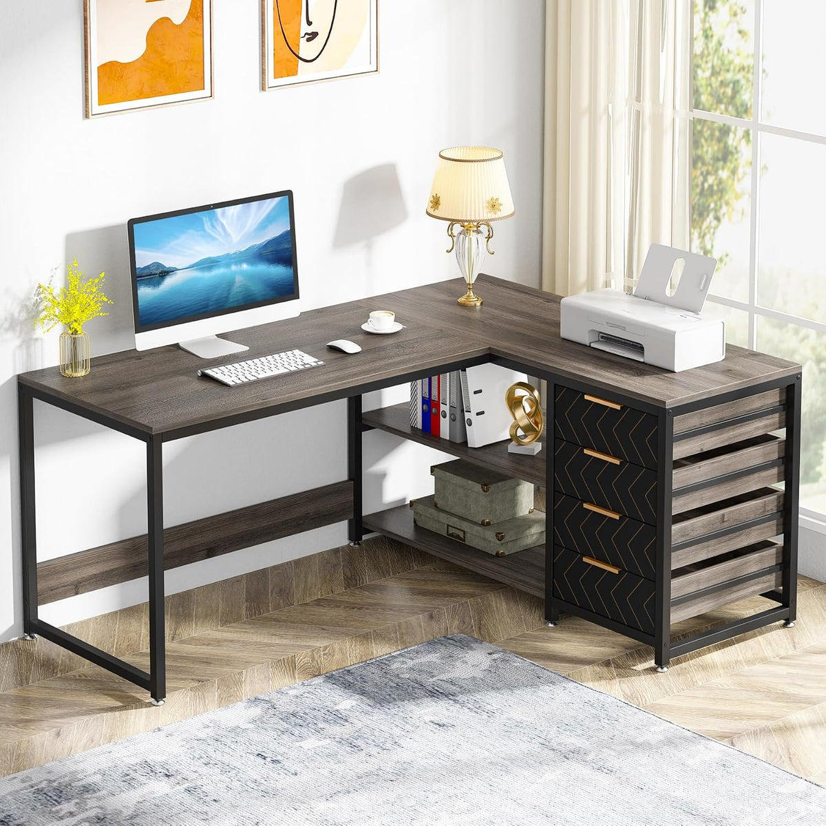 Tribesigns L Shaped Computer Desk with Storage Drawers, 59 inch Corner Desk w...