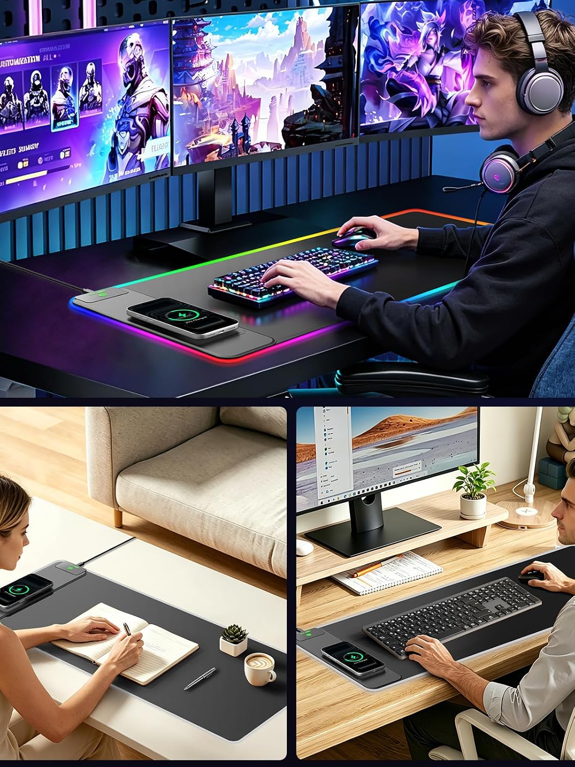 Wireless Charging Mouse Pad Gaming, 31.5"x11.8" Large Desk Mat, Wat...