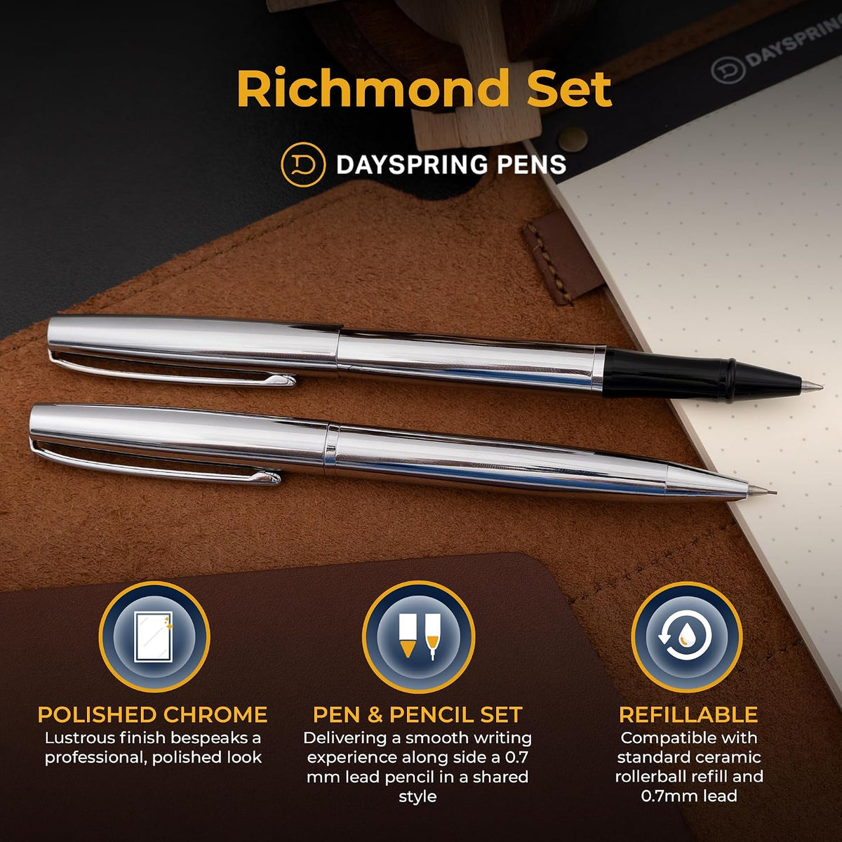 Dayspring Pens Richmond Personalized Rollerball Pen & Pencil Set in Chrome