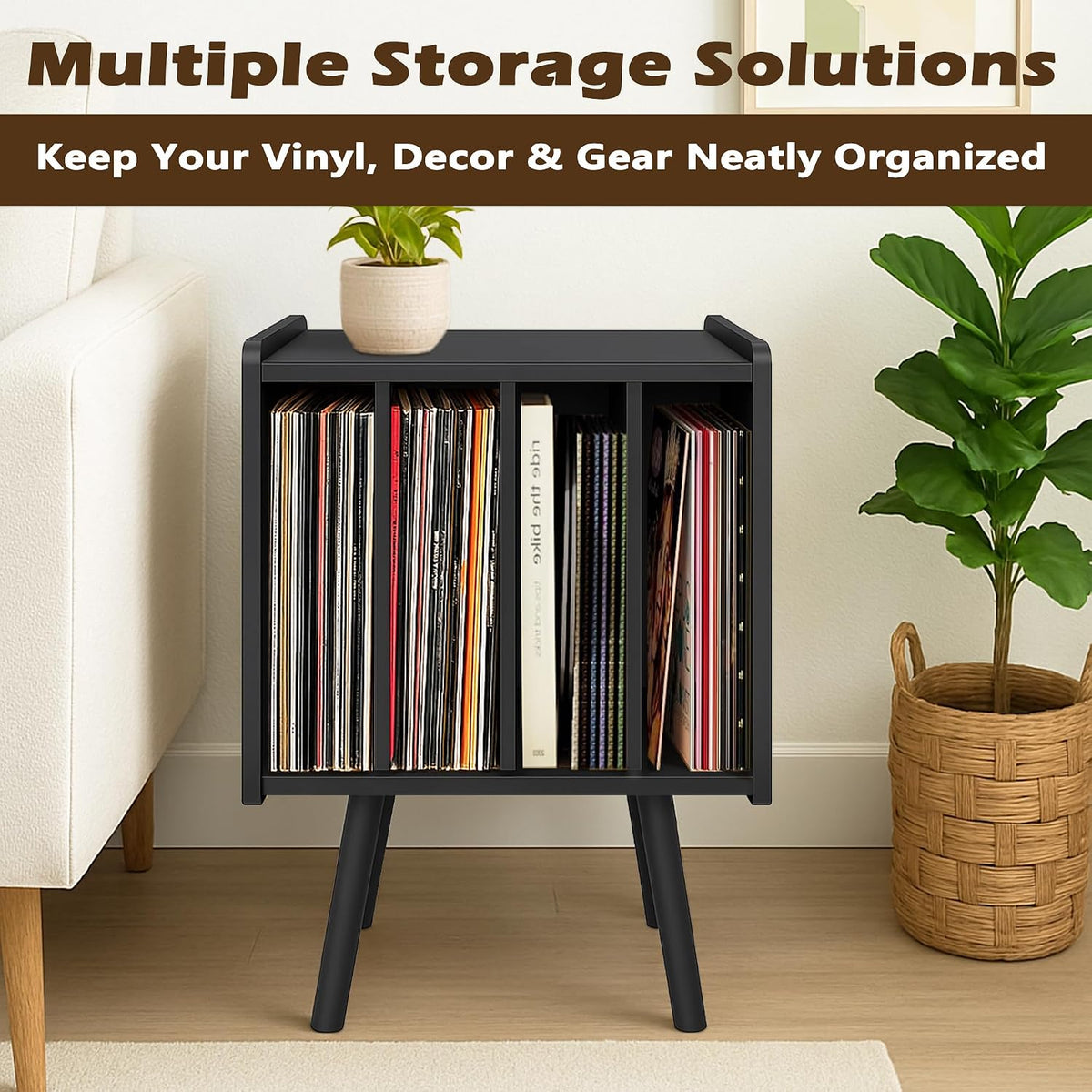 Record Player Stand, Vinyl Record Storage Table with 4 Cabinet, Mid Century M...