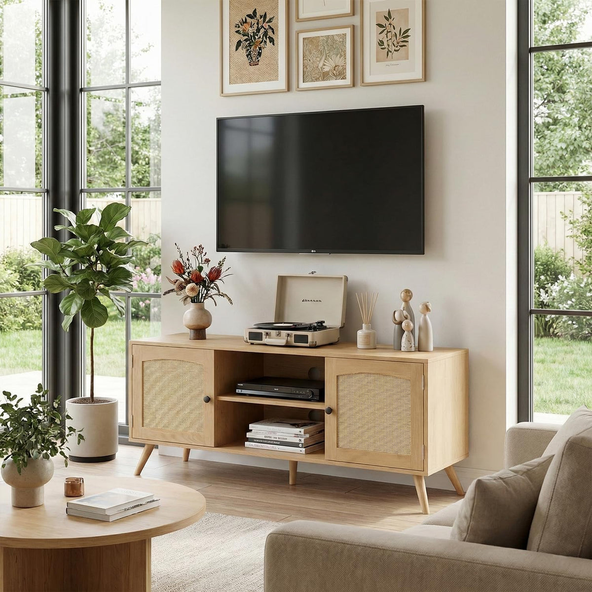 holzart Mid Century Modern Rattan TV Stand for 55/60 Inch TV - 53" Boho ...