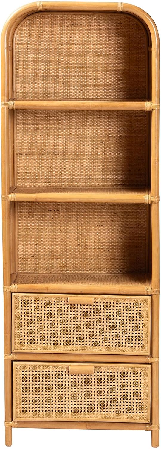 Bali & pari Curacao Modern Bohemian Light Honey Rattan 2-Drawer Bookcase