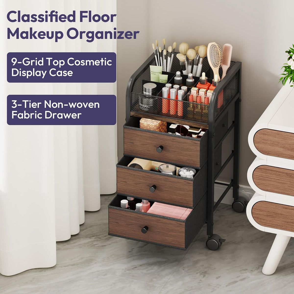 SWTYMIKI Rolling Makeup Organizer Cart - Under Desk Vanity Makeup Storage wit...