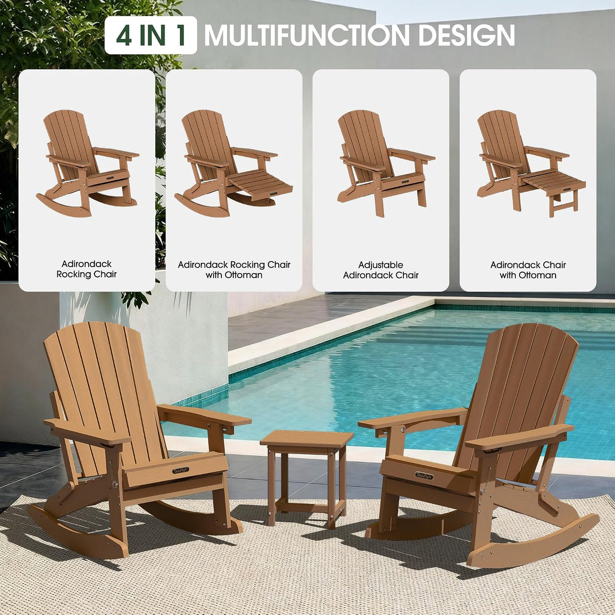 4-in-1 Rocking Adirondack Chair with Footrest, HDPE, Teak