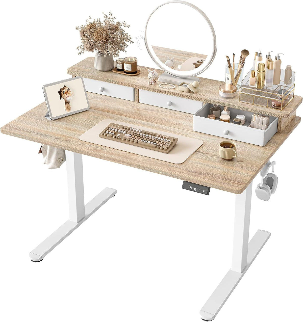 TIQLAB Small Standing Desk with 3 Drawers, 40" Computer Desk Girls, Maple