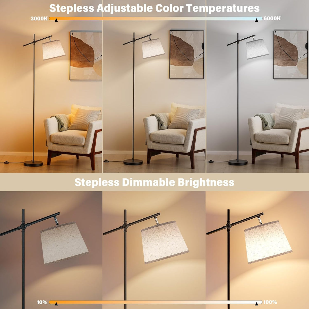 SIBRILLE Floor Lamp with Linen Shade, Dimmable Tall Standing Lamp with Remote...