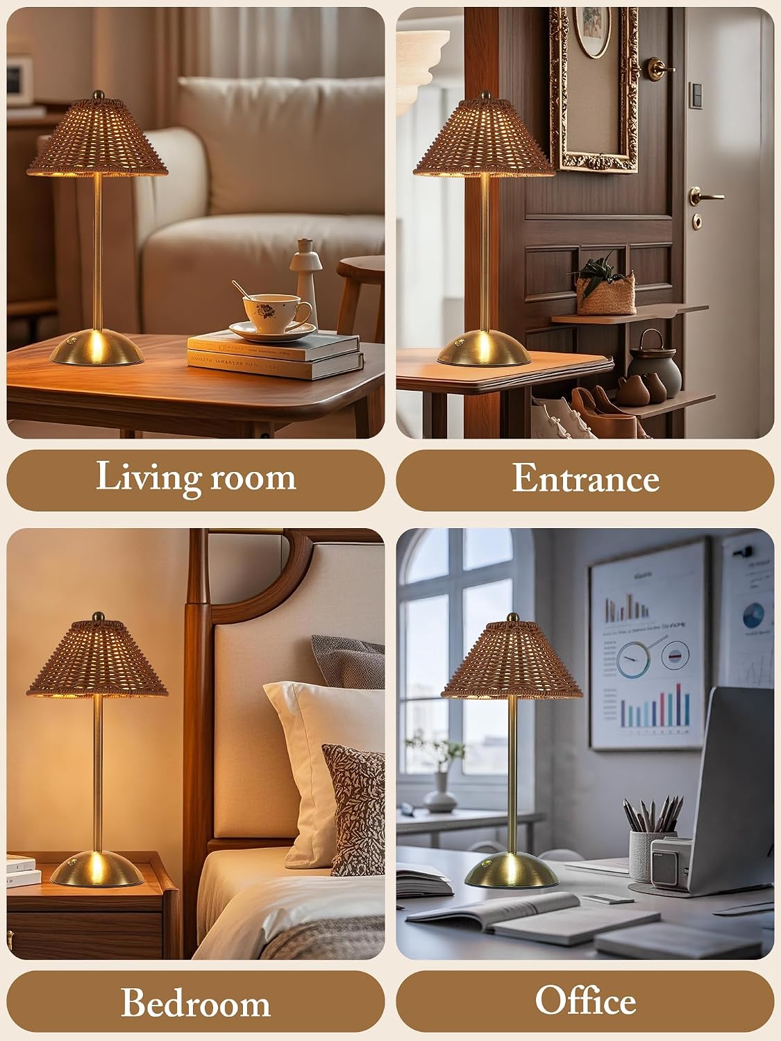 2 Pack Boho Woven Table Lamp, LED Rechargeable Night Light (Orange Brown)