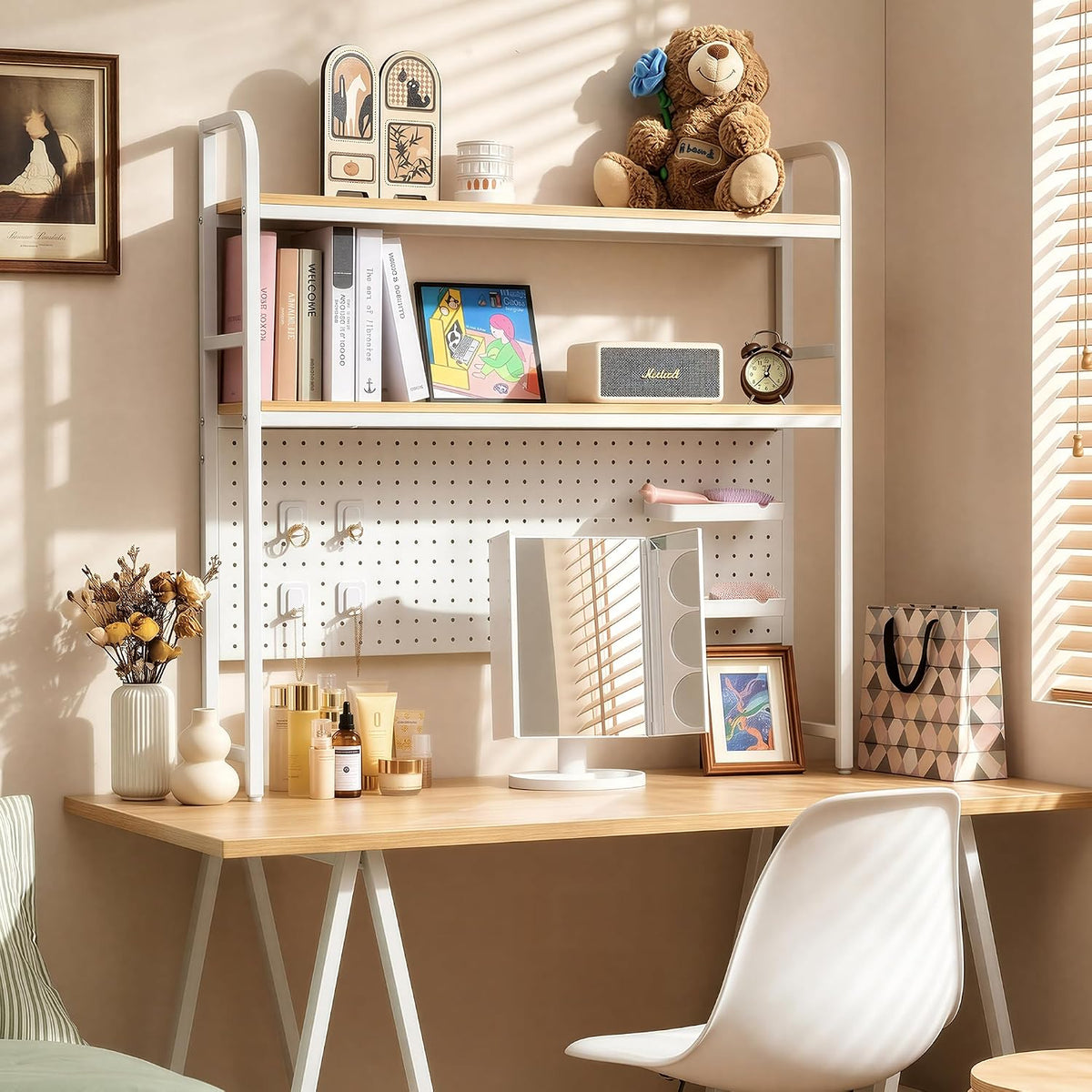 deli Desktop Shelf, Desk Hutch with Metal Pegboard, White