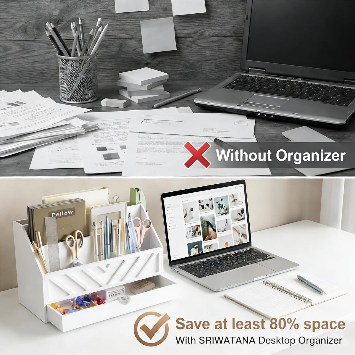 SRIWATANA White Wooden Desk Organizer & Mail Organizer with Drawer