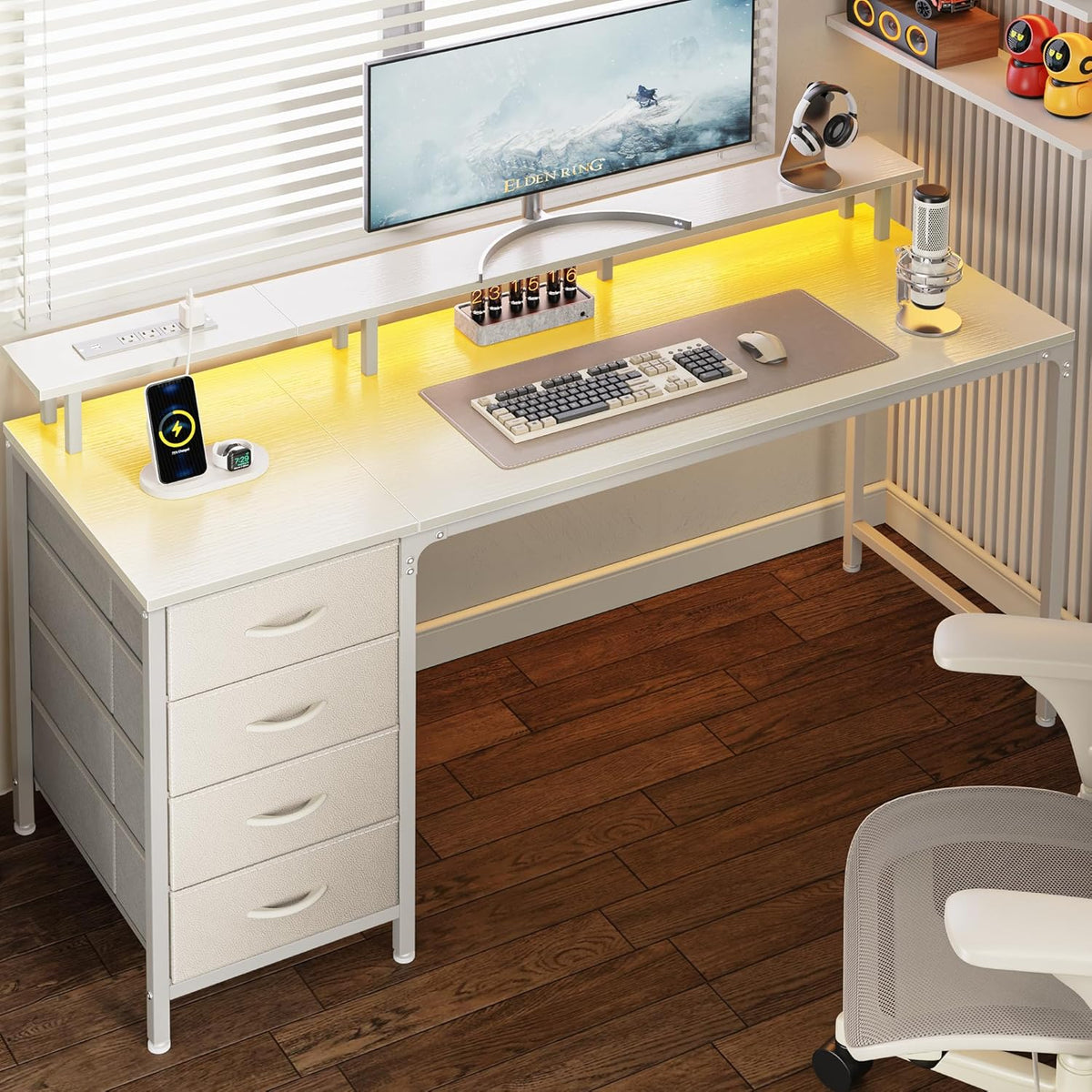 Huuger 55 Inch Computer Desk with Power Outlets and LED Lights, Gaming Desk w...