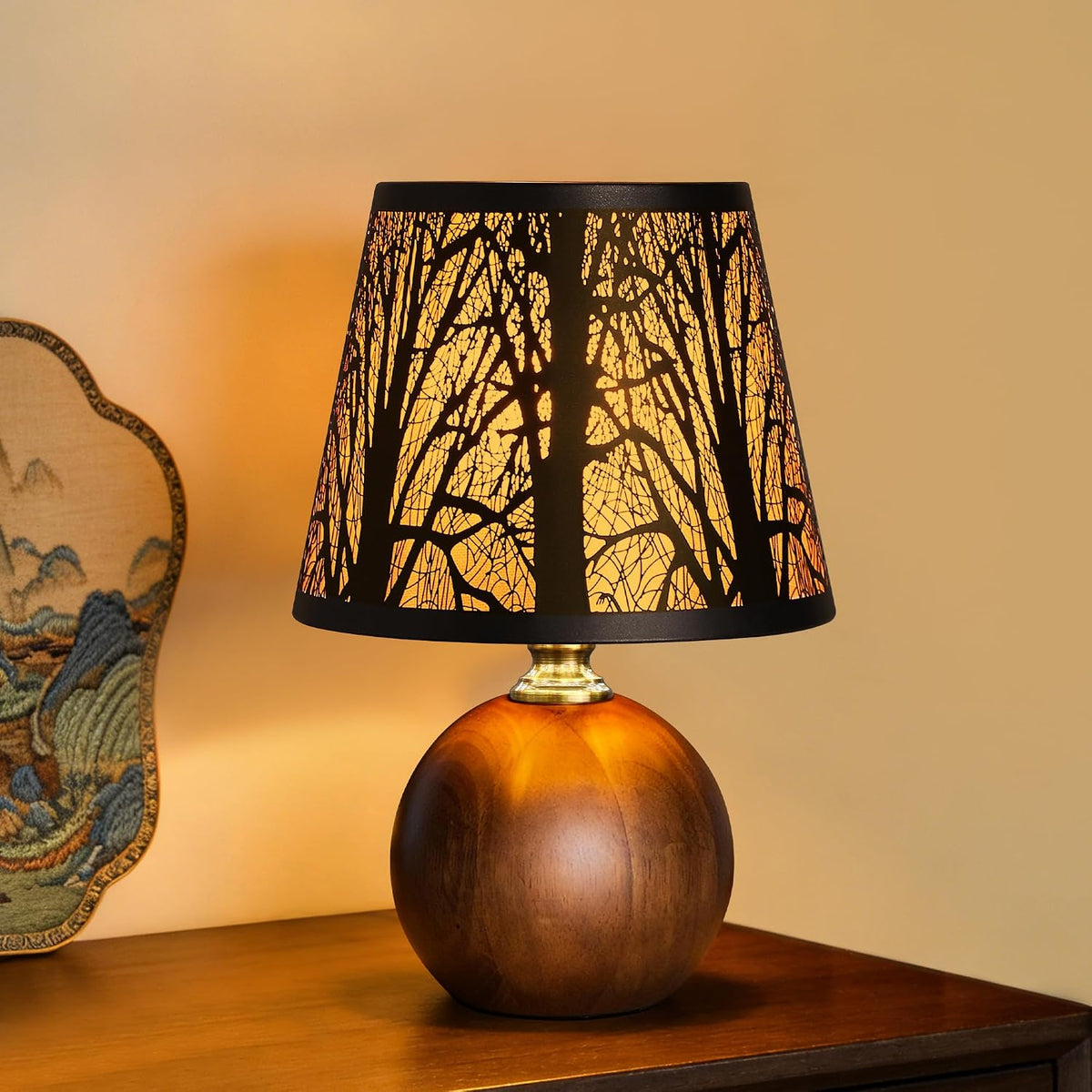 11.4" Rustic Solid Wood Small Table Lamp with Metal Forest Shade
