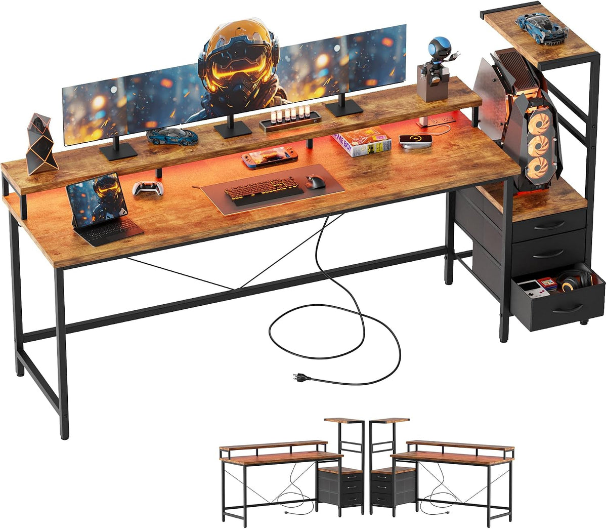 Mericonia 68 inch Gaming Desk with Drawers, Reversible Computer Desk, Brown