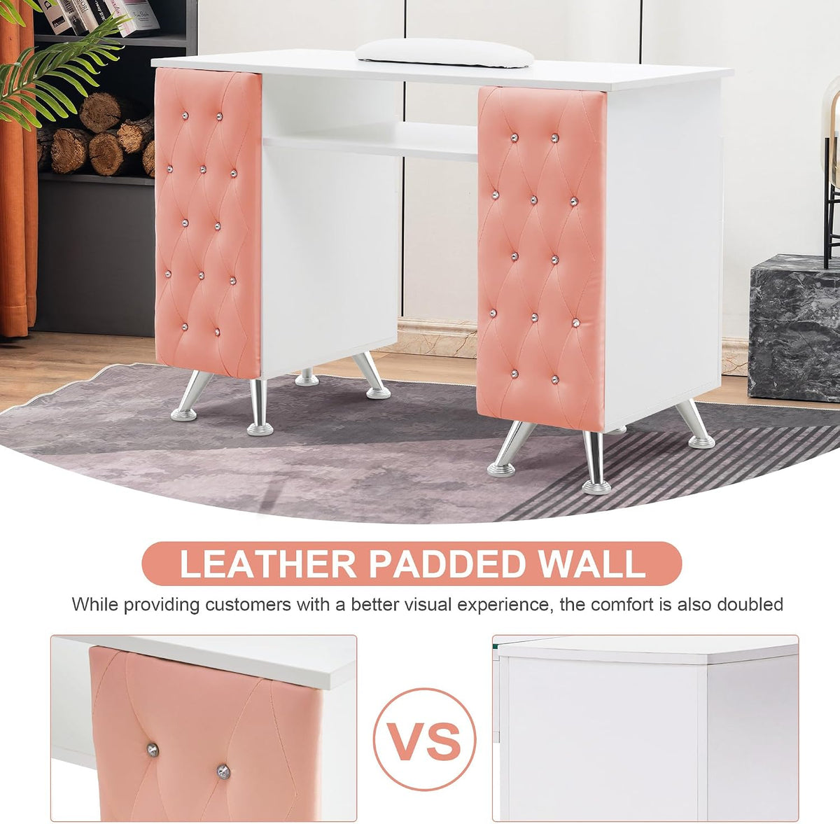 BarberPub Storage Nail Desk with Leather Padded Walls, Wrist Rest 2671