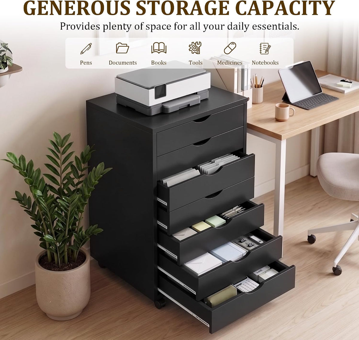 7 Drawer File Cabinet, Storage Drawers with Wheels for Home Office
