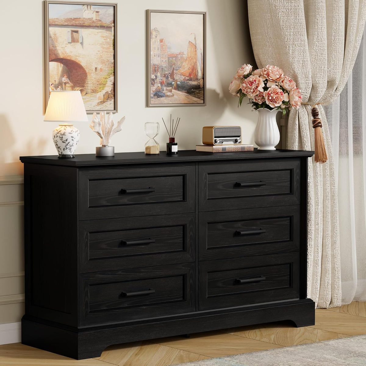 Furmax Farmhouse Dresser for Bedroom, 6 Drawers Dresser, Black