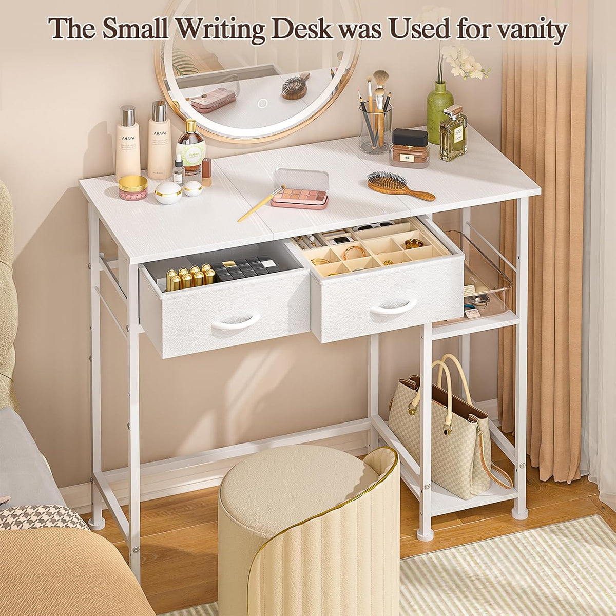 DAOUTIME White Computer Desk, 36 Inch Small Desk with Drawers, Home Office De...