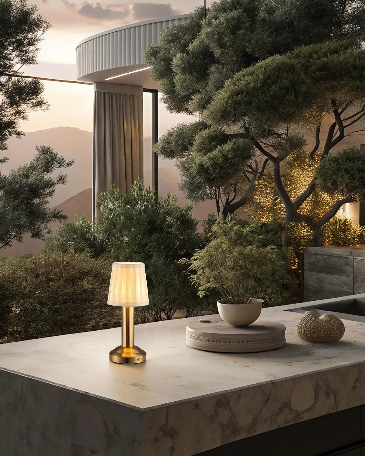 Small Cordless Table Lamp 2 Pack, Gold Fabric Shade LED Touch Lamps
