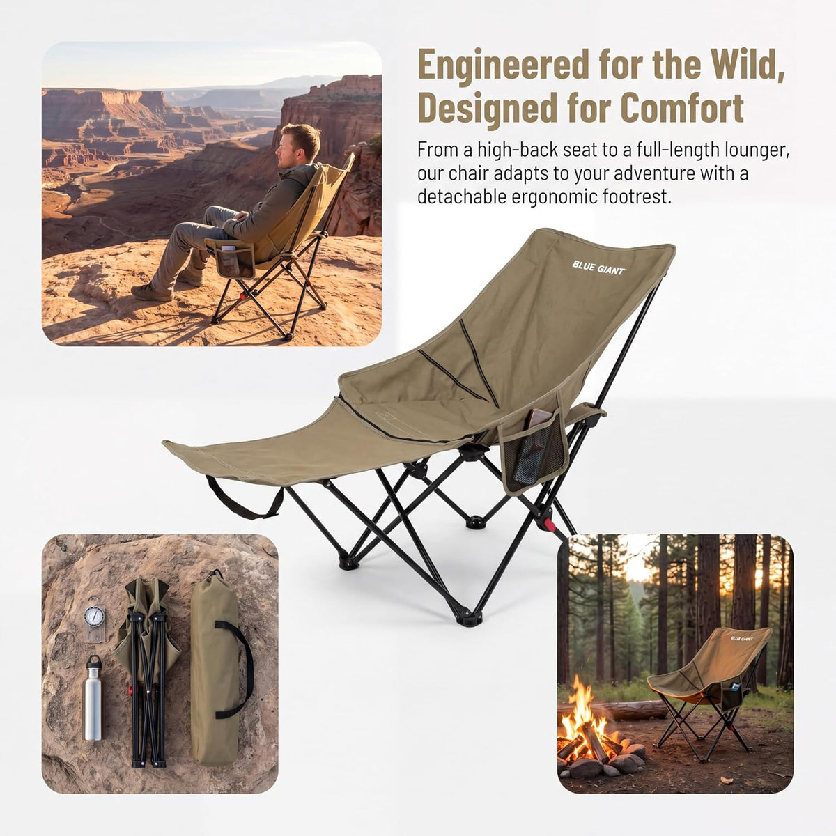 Portable Folding Camping Chair with Detachable Footrest, Adjustable Reclining...