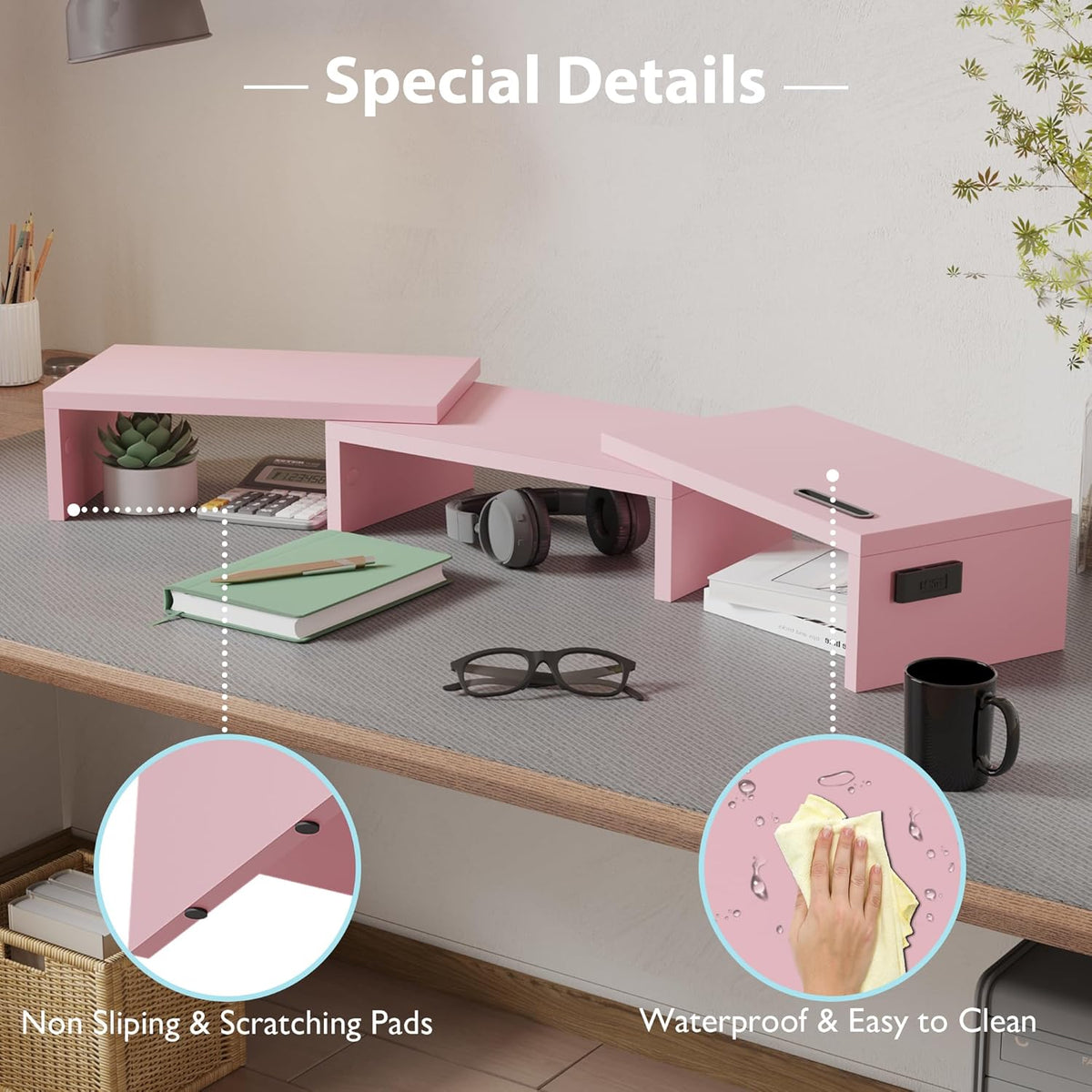 BONTEC Dual Monitor Stand Riser, Adjustable Length & Swivel Angle, Pink