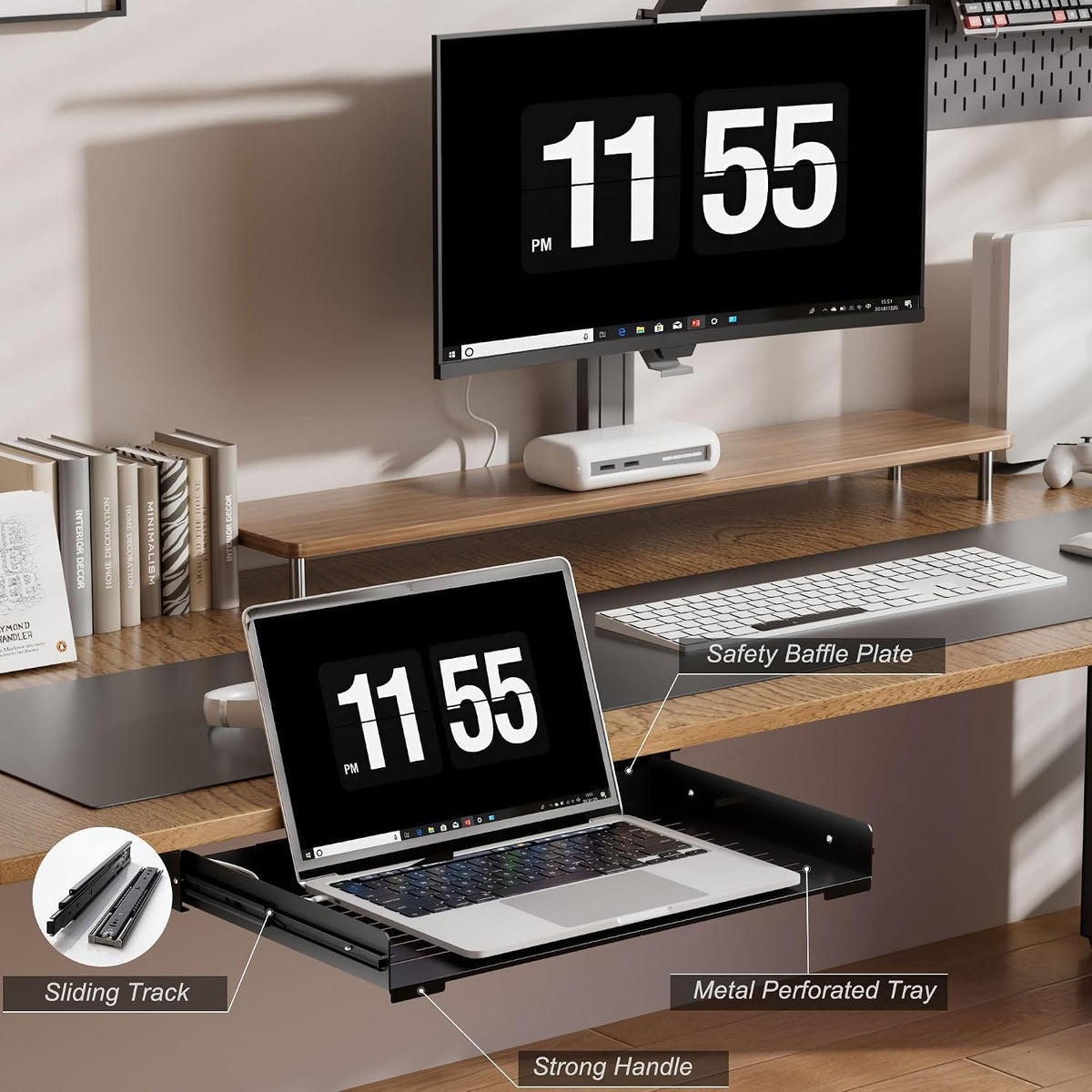 Under Desk Laptop Drawer, 22.8'' Wide Pull-Out Tray – Metal Perforate...