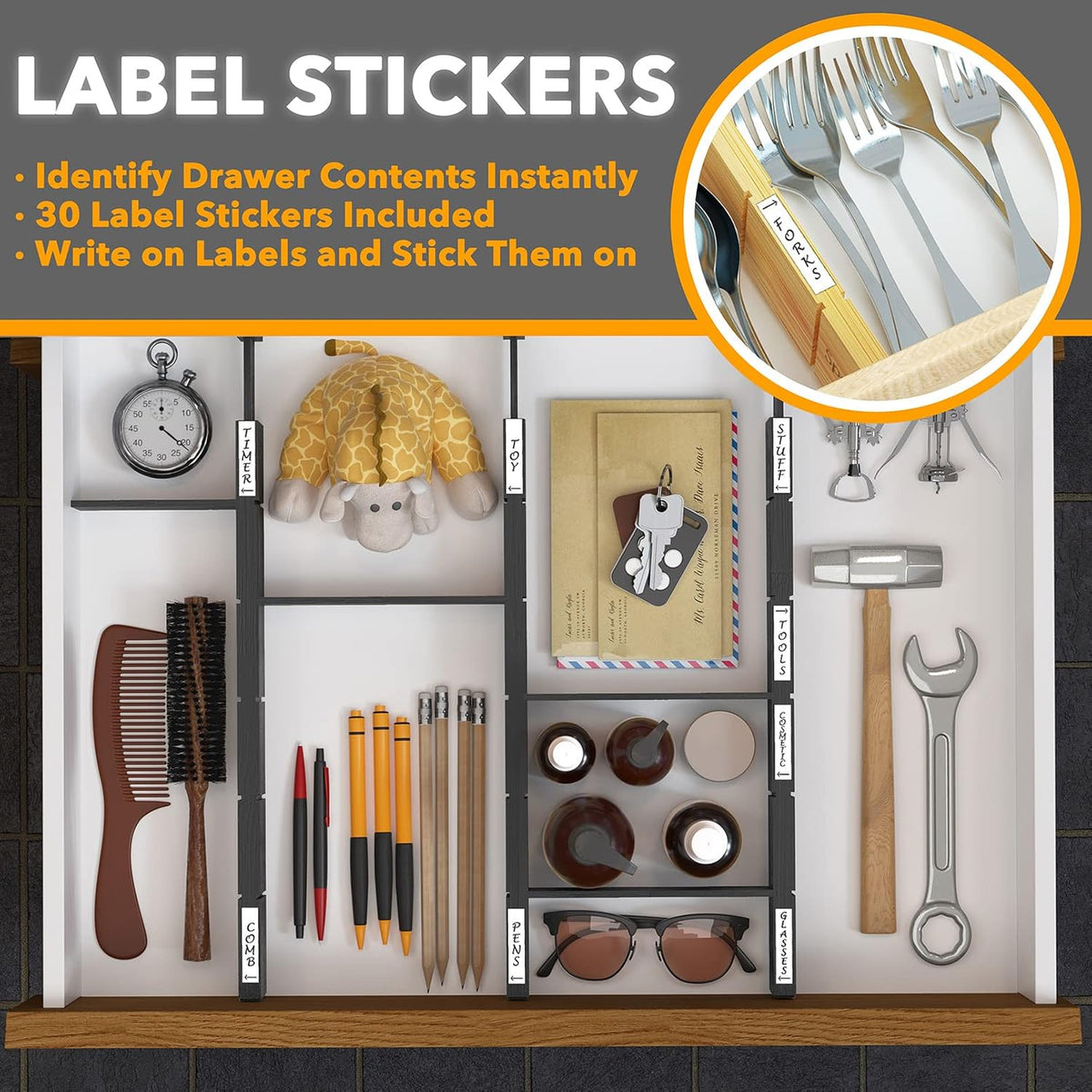 SpaceAid Bamboo Drawer Dividers with Inserts and Labels, Kitchen Adjustable D...