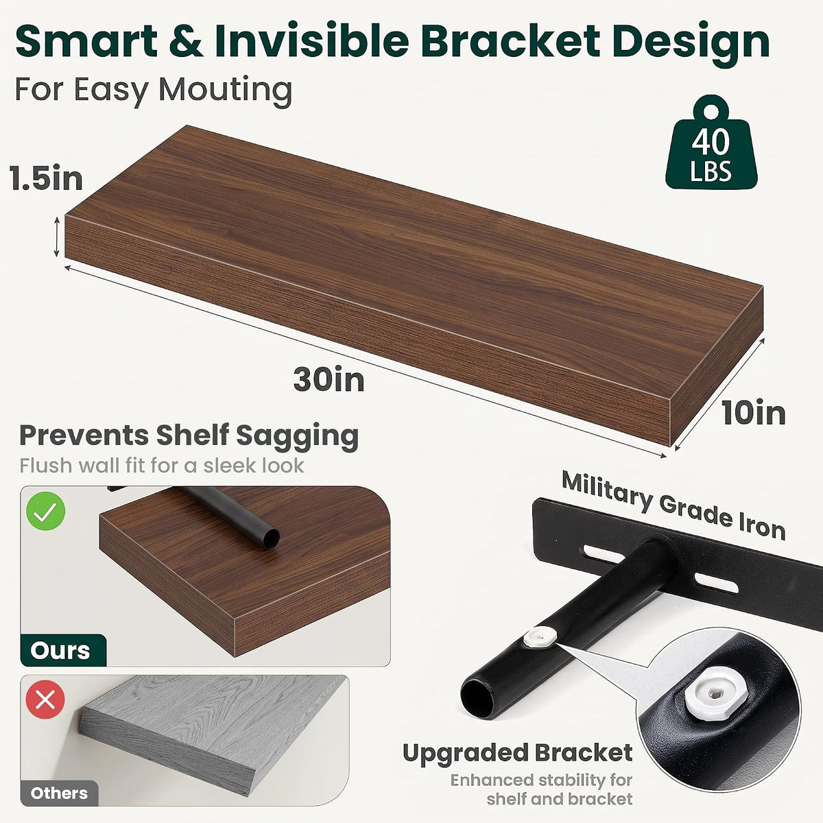 10 Inch Deep Floating Shelves for Wall, 30 Inch, Walnut, Set of 2