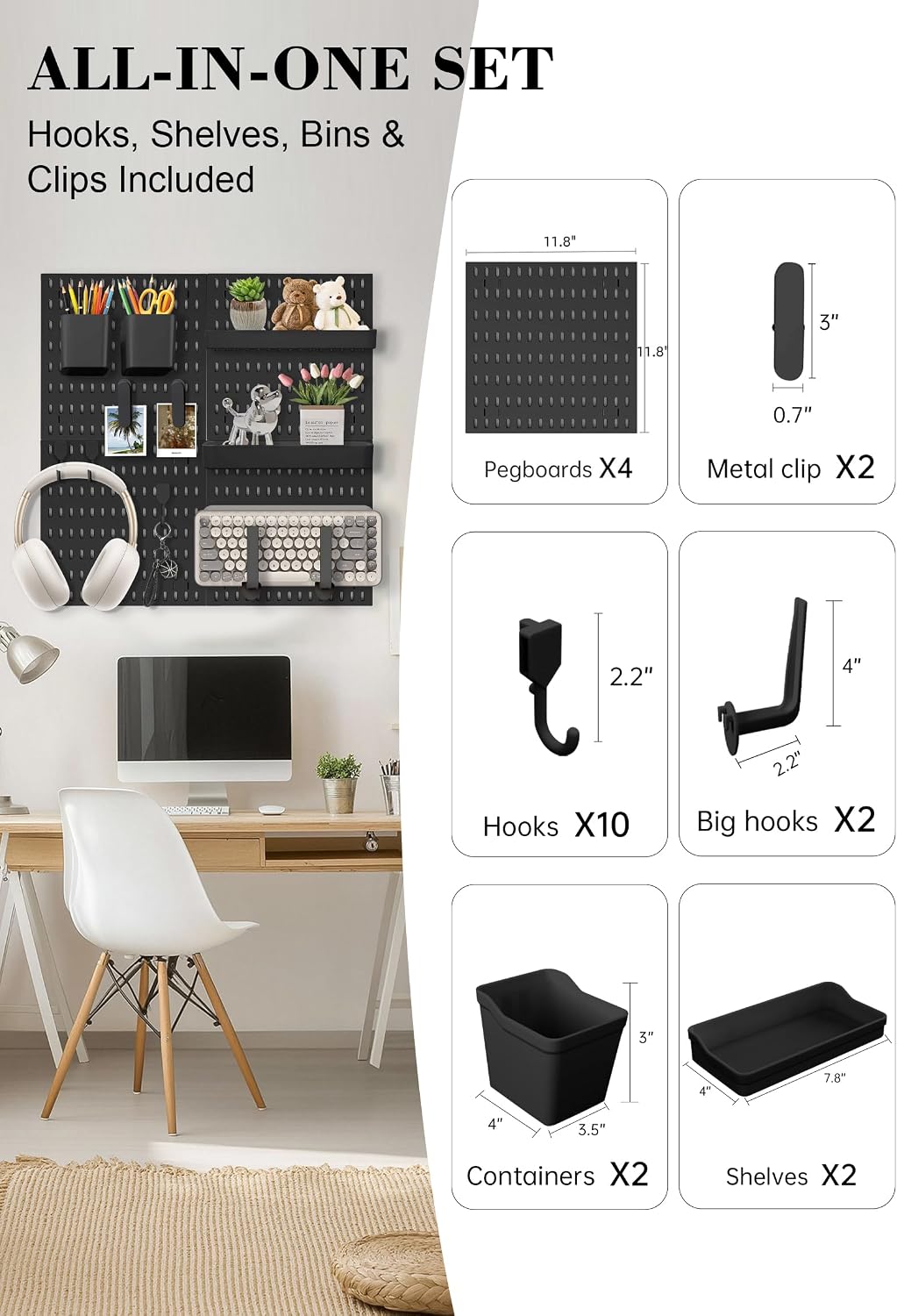 Pegboard Wall Organizer Set – 4 Peg Boards with Hooks & Shelves – Office,...