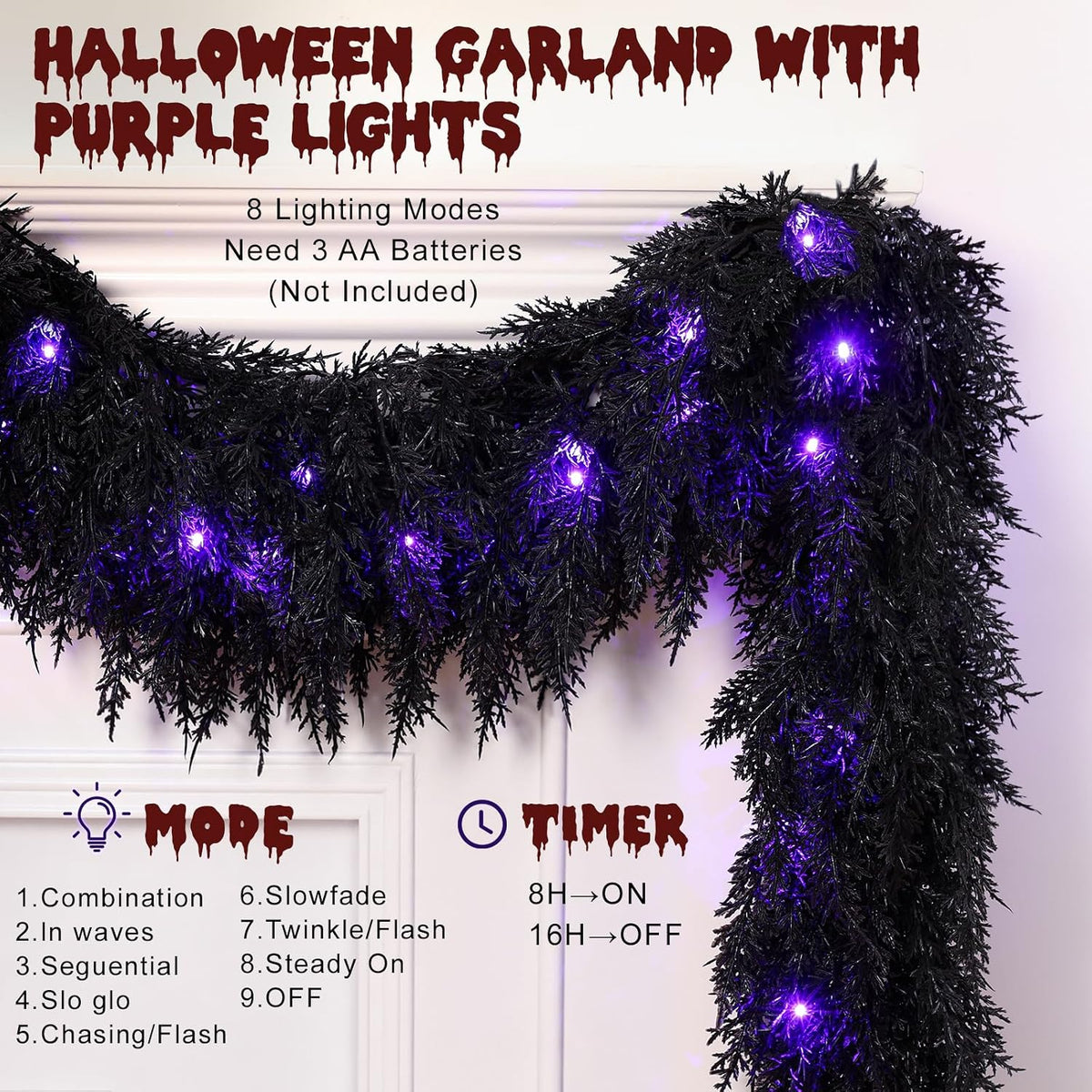 9FT Black Halloween Garland with Lights Realistic Prelit Christmas Garland