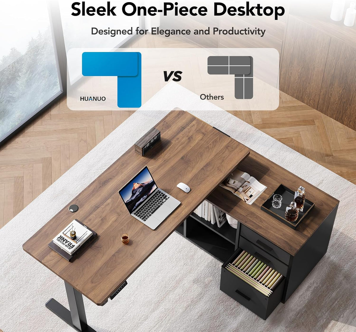 HUANUO 55″ L Shaped Standing Desk with Drawers, Height Adjustable,Walnut