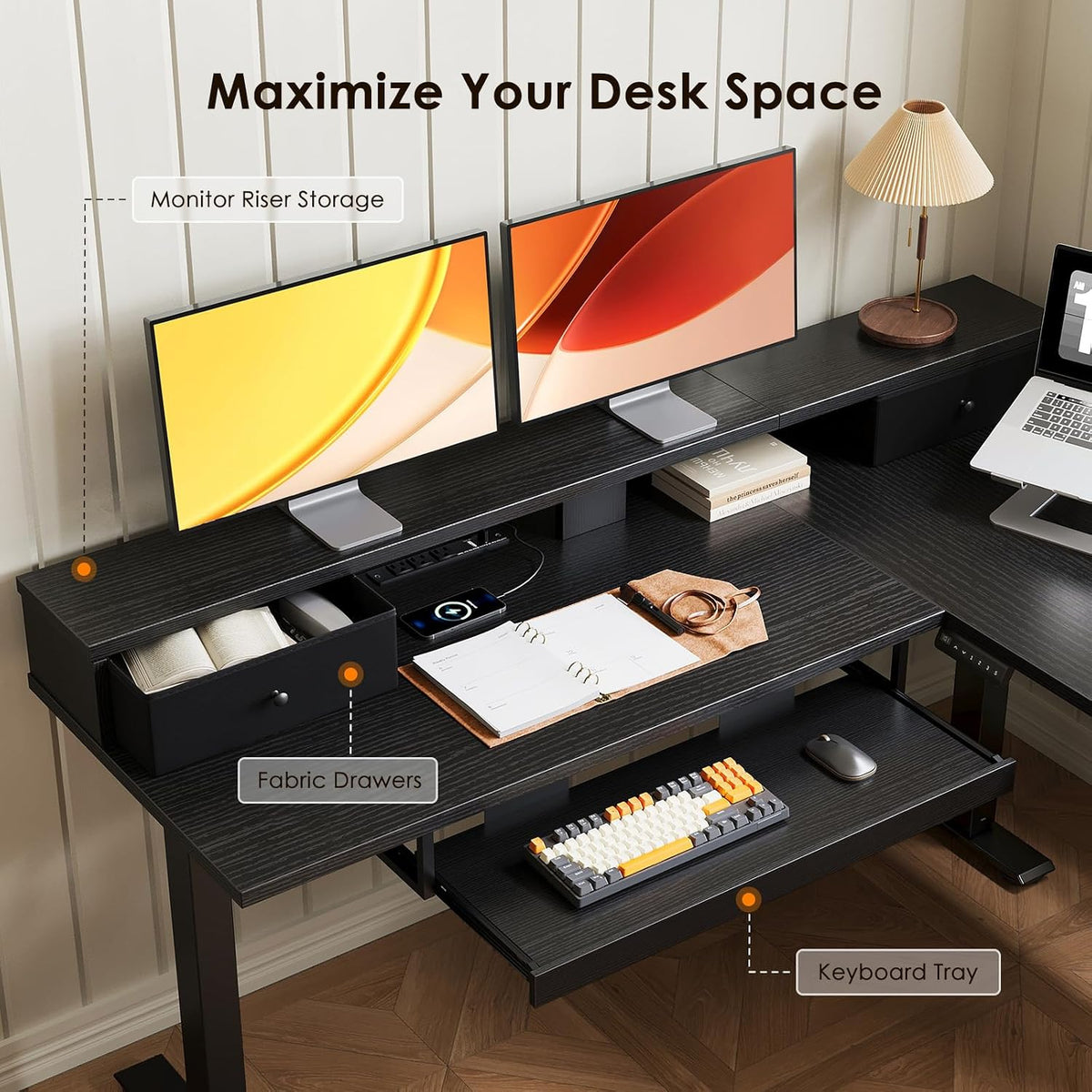 OffiGo 59 Inch L Shaped Electric Standing Desk with Drawers, Black